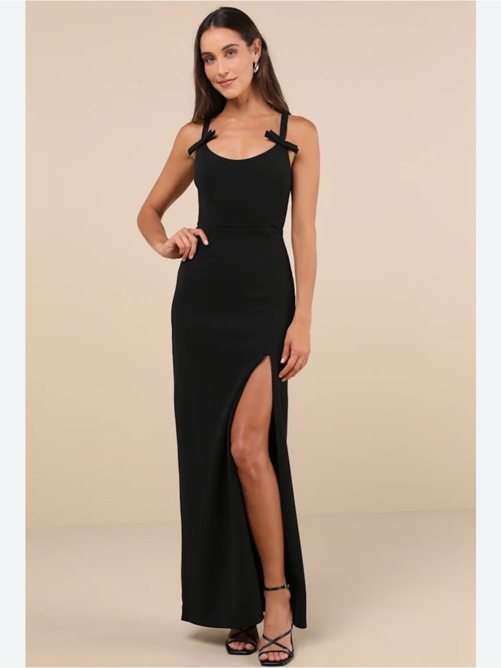 Lulu's Black Formal Gown Dress Low Back Bow Shoulder Straps Leg Slit Size S